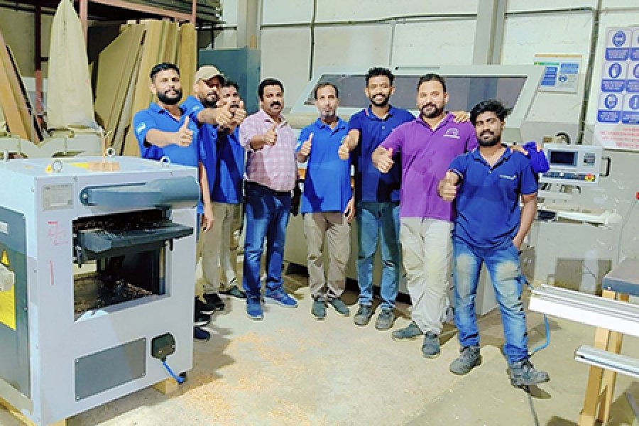 Congratulations full automatic edge banding machine and thicknesser machine for new customer in DIP Dubai , UAE